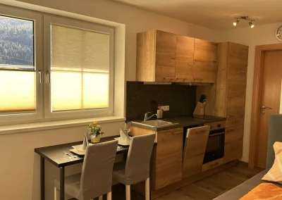 Gemütlicher Essplatz am Fenster mit Küchenzeile im Appartement Rupert in Radstadt.